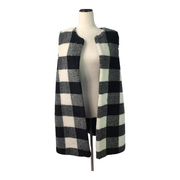 Talbots Black White Plaid Wool Blend Faux Fur Lined Long Vest Large - Picture 2 of 5